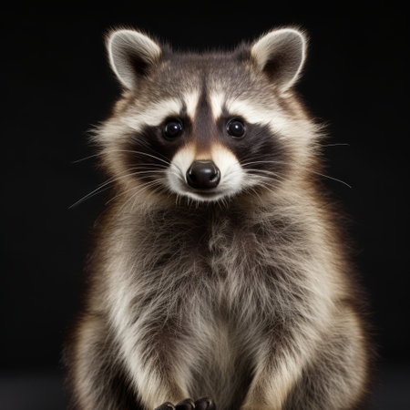 a raccoon, captured in a contemporary portrait photography style, sits against a black background. this image, reminiscent of the american barbizon school, showcases a large format lens and a humorous tone. blending animals and people, it exudes a rasquache aesthetic with a touch of paranoid sensitivity. ai generatedの素材