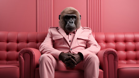 a chimpanzee, wearing pink pants, sits with its legs propped up on a chair. this monochromatic minimalist portrait, created using zbrush, showcases an elegantly formal style. the image combines elements of junglepunk, featuring animals and people in uniformly staged compositions. the result is a hyperrealistic animal portrait that captivates the viewer. ai generatedの素材