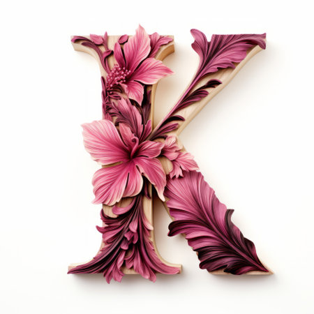 a stylized letter k made of pink flowers is showcased in this isolated photo on a white background. the design resembles carved wood blocks, with a combination of dark magenta and beige colors. the image is a meticulously detailed still life, featuring elements of psychedelic surrealism and realistic hyper-detail. it evokes the concept of book art installations, with bold calligraphic marks. ai generatedの素材