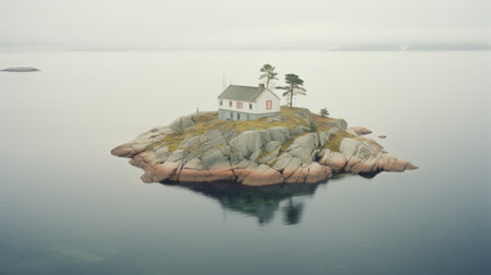 a small red island house stands on a serene island in nyfoenarfjord. reminiscent of joel robison's style, this national geographic photo showcases soft, muted tones. the hyper-realistic water surrounding the white and gray structure creates a captivating contrast. with a metropolis-meets-nature vibe, this image exudes a sense of zen minimalism. ai generatedの素材