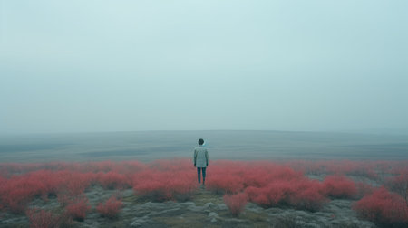 a woman in a dress stands in a field, on the rim of a fog. the photo captures the essence of japanese minimalism with its cyan and crimson tones. the desolate landscape, characterized by pink and gray hues, resembles the photo-realistic landscapes found in northern china's terrain. the absence of color adds to the overall aesthetic of the image. ai generatedの素材