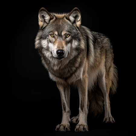 gray wolf standing alone on a black background, captured in a powerful and emotive portraiture style. the large format lens enhances the details of the wolf's dark amber and gray fur. the artwork, inspired by joram roukes and stephen shortridge, features a unique combination of dark purple and light bronze tones, creating a captivating and visually striking image of this majestic creature. ai generatedの素材