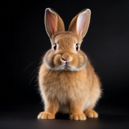 golden rabbit in black studio on black background, captured with the zeiss batis 18mm f2.8 lens. the image showcases a symmetrical harmony with a combination of light red, light indigo, light orange, and brown tones. the large format lens captures subtle tonal values and bold colorism, creating a visually striking composition. ai generatedの素材