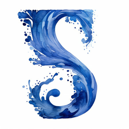 a handpainted blue letter s is printed on a white watercolour wash, showcasing flowing forms reminiscent of psychological phenomena illustrations. this artwork draws inspiration from the gutai group and features realistic marine paintings. the style also incorporates elements of stimwave, figura serpentinata, and chinese watercolour techniques. ai generatedの素材