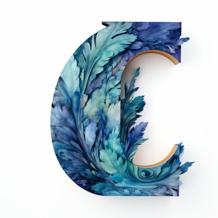 a watercolor-style art print or digital design featuring the letter c. this highly detailed artwork showcases surrealistic installations, colorful woodcarvings, and conceptual minimalism. the design incorporates light indigo and dark cyan tones, with intricate foliage and fine feather details, creating a visually stunning piece with a blend of detailed naturalism. ai generatedの素材