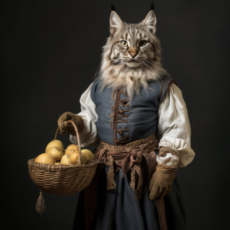 a cat, dressed in a victorian dress, holds a basket of apples in this contemporary realist portrait photograph. the uhd image showcases a dark yellow and gray color palette, reminiscent of medieval art. this hyperrealistic animal portrait captures the cat's regal presence in a studio setting, creating a modern twist on traditional manticore imagery. ai generatedの素材