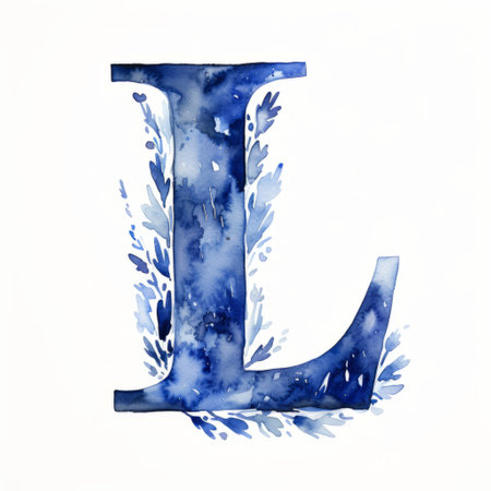 a tumblr watercolor painting of a letter l on a white background. the painting is done in the style of light indigo and dark blue, featuring detailed foliage and water drops. the artwork showcases layered imagery with subtle irony, whimsical ceramics, and bold chiaroscuro contrast. the overall effect is reminiscent of liquid light emulsion. ai generatedの素材