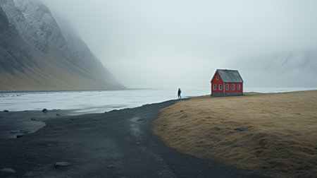 a person stands near a rock, capturing the cold and detached atmosphere reminiscent of nicolas bruno's style. the photo, taken with a samyang af 14mm f2.8 rf lens, showcases a charming and idyllic rural scene. the composition evokes the moody and tranquil scenes often seen in the works of even mehl amundsen. ai generatedの素材