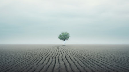 a single tree stands tall on a drained field, reminiscent of the artistic styles of gabriel pacheco and mikko lagerstedt. this high-definition image captures the tree's light green leaves against the dark gray backdrop, creating a striking contrast. the juxtaposition of hard and soft lines, along with the calming symmetry, evokes a sense of tranquility while raising awareness about the environment. ai generatedの素材