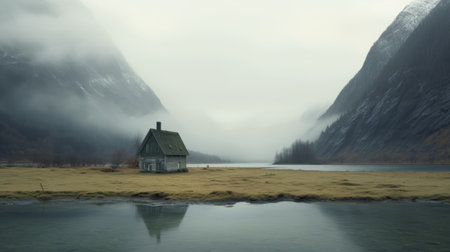 an isolated house in the middle of a lake, featuring atmospheric and moody landscapes. this national geographic photo captures the subtle color palette and heavily textured surroundings. with a cabincore vibe, the house stands out in light gray and emerald tones, resembling a mesmerizing matte painting. ai generatedの素材