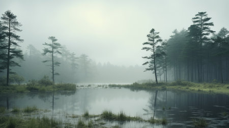 a foggy forest in balmia is captured in this realistic hyper-detailed rendering by antanas sutkus. the calm waters add to the serene atmosphere of the scene. this national geographic photo showcases the tonalism style, highlighting the subtle tones and textures of the forest. ai generatedの素材