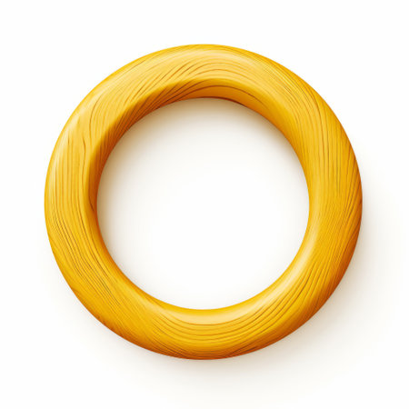 a golden wooden ring rests on a white surface, showcasing a realistic and detailed rendering. the style of this organic abstractivism piece combines light yellow and light orange hues, creating an optical illusionistic effect. the ring is presented as a hanging scroll, featuring simplified forms and a thick texture. ai generatedの素材