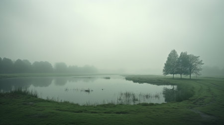 foggy pond and grass on dune grasses captured in the style of the dusseldorf school of photography. this impressive panorama, taken with a fujifilm xf 56mm f/1.2 r lens, evokes the works of jacques-laurent agasse and thomas wrede. the zeiss planar t 80mm f/2.8 lens used by govaert flinck adds a unique touch to this captivating image. ai generatedの素材