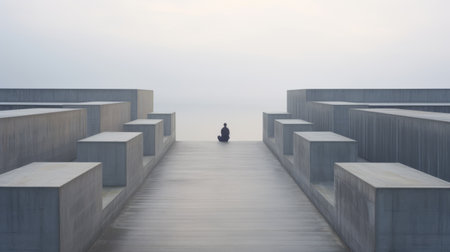 a person stands in front of a set of white walls, reminiscent of serene oceanic vistas. the walls are made of mist and concrete, reflecting a brutalist style. the color contrasts create a meditative atmosphere, influenced by zen buddhism. the views resemble the suffolk coast, with a touch of neo-geometric conceptualism. ai generatedの素材