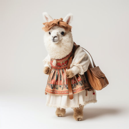 an alpaca, adorned in a traditional russian costume, stands gracefully. this image captures the essence of gabriel pacheco's style, as well as the influence of women designers like beatrix potter and sana takeda. the costume design is both stylish and playful, with a touch of irony. this uhd image showcases the beauty and creativity of this unique scene. ai generatedの素材