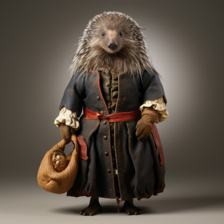 a cartoon hedgehog dressed in a meticulously detailed costume, reminiscent of the northern renaissance style of still lifes. this high-quality photo captures the essence of a national geographic-like image, with its intricate details and baroque-inspired costumes. the photo transports us back to the 500-1000 ce era, showcasing the creativity and attention to detail in the hedgehog's attire. ai generatedの素材