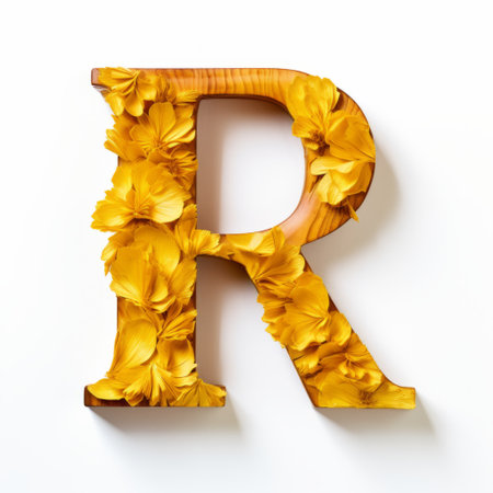 a letter "r" formed by vibrant yellow flowers arranged in a circular shape, resembling the intricate patterns found in different wood grains. this hyper-realistic sculpture showcases fragmented advertising elements, with meticulous attention to realist details and leaf patterns. captured using a rodenstock imagon 300mm f/5.8 lens, this artwork emphasizes the unique character design. ai generatedの素材