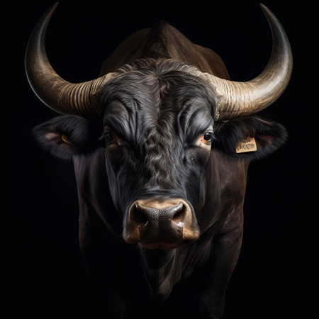 the black bull head, inspired by the style of caras ionut, showcases intricate details with light peeking through the horn bars. this handcrafted beauty captures the essence of dutch tradition and is presented as a studio portrait. with a touch of environmental awareness, this piece resonates with the artistic influence of kinuko y. craft. ai generatedの素材