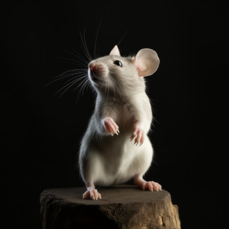 a white mouse perched on a stump, captured in a captivating portrait. the black background enhances the subject's presence, while ray tracing and a large format lens add depth and clarity. the mouse's spirited movement is frozen in time, showcasing foreshortening techniques. shot with iso 200, this image is a stunning example of photography from the years 500-1000 ce. ai generatedの素材