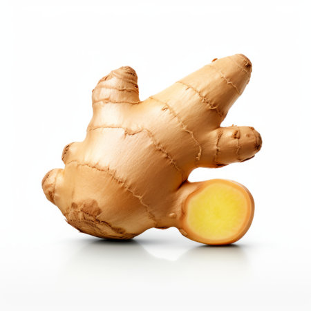 a high definition photograph clipart vector image featuring a hyper realistic small piece cut out, placed next to a large ginger. this detailed image showcases the intricate details captured by a 35mm lens, providing an ultra hd quality in 8k resolution. the plain white background enhances the focus on the subject. ai generatedの素材