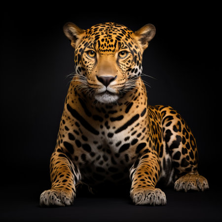 a majestic jaguar, captured in a vibrant portrait style, is showcased against a dark background. the stunning image features the jaguar sitting on a sleek black plate, creating a captivating contrast. this national geographic photo, taken with a hasselblad h6d-400c camera, is beautifully illuminated with softbox lighting. the composition exudes a pop-culture-infused allure. ai generatedの素材