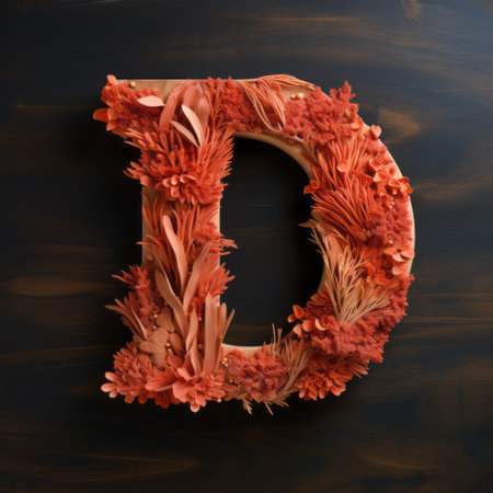 the photo showcases a stunning letter d made entirely of paper flowers in a vibrant orange hue. the design draws inspiration from dark matter art, featuring a textural surface treatment and incorporating varying wood grains. the arrangement is reminiscent of dansaekhwa, with dynamic still lifes and intricate foliage. the color palette includes light red and dark beige tones. ai generatedの素材