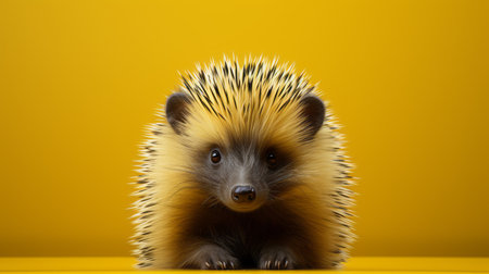 a cute hedgehog, known as a petty pitt porcupine, is captured in this photo using vray tracing techniques. the lighting is a combination of black and yellow, creating a saturated color field. the image showcases photo-realistic techniques with a symmetrical composition. minimal retouching has been done to maintain the authenticity of the subject. ai generatedの素材