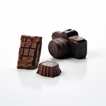 chocolates captured in a chocolate photography project featuring a unique chocolate camera. the chocolates are meticulously sculpted and made of rubber, creating a miniaturecore effect. the photographs showcase the industrial and product design elements, utilizing forced perspective and soft-edged techniques. ai generatedの素材