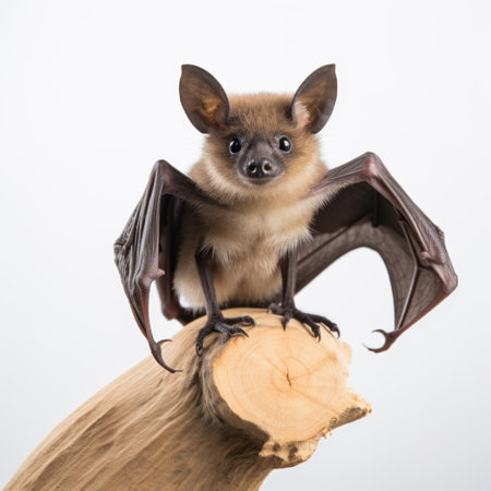 a young noctallopa nycteossa perches on a wooden surface, showcasing its taxidermy-style presentation. with a striking combination of maroon and black hues, the playful creature captivates with its exaggerated poses and sharp angles. the photobash technique highlights its symmetrical features, while its expressive expressions add an element of intrigue. ai generatedの素材