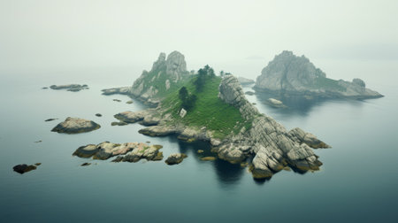 an underwater island captured in an aerial shot, showcasing the serene and misty atmosphere of norwegian nature. rendered in the style of unreal engine, this photo exudes a zen minimalism with its white and green hues. the eerily realistic depiction adds to the allure of this serene pastoral scene. ai generatedの素材