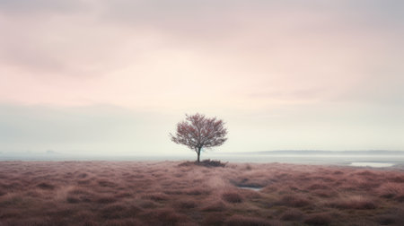 a lone tree stands tall amidst the lush green grass on a cloudy day, creating a captivating and dreamy composition. the photo showcases a beautiful blend of light magenta and bronze tones, evoking a romantic atmosphere. inspired by dutch seascapes and the dusseldorf school of photography, this image captures the essence of nature. shot with the sony alpha a7 iii, it is a stunning exampleの素材