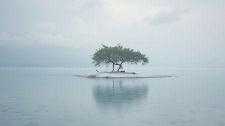 a lone tree stands on an island, surrounded by water. the photo captures a serene and enigmatic scene, with a light cyan and gray color palette. this conceptual installation, taken with a konica big mini camera, showcases the ethereal beauty of the tropics. the high-resolution image, available on flickr, offers a realistic yet dreamlike experience. ai generatedの素材