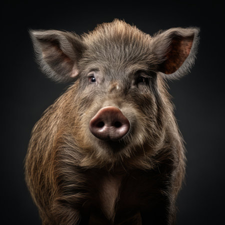 a pig, captured in a dark and dramatic chiaroscuro portrait style, gazes directly at the camera. the pig's elegant and emotive face is highlighted by the dark gray and brown tones. this large format lens photograph showcases innovating techniques, reminiscent of the 500-1000 ce era. the image is presented in stunning 8k resolution. ai generatedの素材