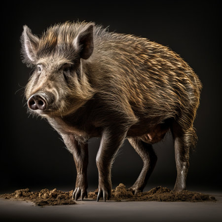 a wild boar, captured in a contemporary realist portrait style, stands confidently against a striking black background. the spiky mounds and softbox lighting enhance the photo-realistic techniques used. shot with an iso of 200 and a wide-angle lens, this captivating image beautifully merges the worlds of animals and people. ai generatedの素材