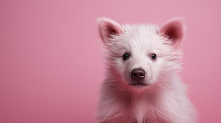 a white dog with blue eyes gazes up at the camera, showcasing a monochromatic color scheme in shades of dark pink and light pink. the photograph captures a softly organic aesthetic reminiscent of artists like mike campau and anne geddes, with a touch of wes anderson's signature style. this captivating image is a contest winner. ai generatedの素材
