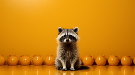 a raccoon is seen sitting in front of four vases on an orange background. the photograph is captured in the style of a large format lens, with elements of halloween, light gray and yellow tones. the soft-focus technique adds a dreamy effect to the image. the high-resolution 8k quality showcases the details, while the cranberrycore and ratcore themes add a unique touch. ai generatedの素材