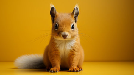 a cute wood squirrel with long ears and red fur stands close to the scene, showcasing vibrant color gradients in the style of sacha goldberger. the frequent use of yellow, light white, and light orange, reminiscent of eduard wiiralt's color interaction, adds to the crisp and clean look of the photo. ai generatedの素材