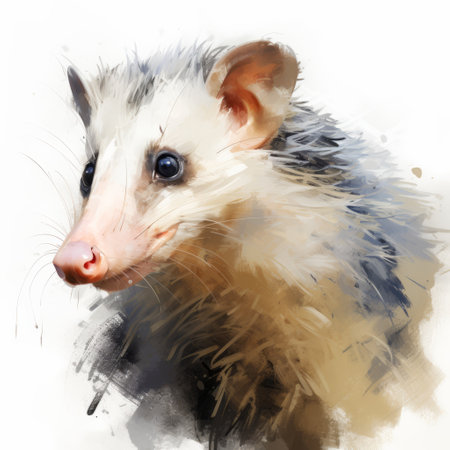 an opossum with a unique digital painting style adorns its face, showcasing soft brush strokes that create a concept art piece. the impressionist lightness adds a touch of firecore and ivory to the overall composition, while concise brushwork techniques bring the image to life. ai generatedの素材