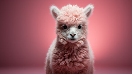 a little pink alpaca stands gracefully against a vibrant pink background, showcasing the captivating results of darktable processing. the spirited portrait captures the explosive pigmentation of the alpaca's light red and light azure fur, highlighting the intricate layers of its fibers. the composition exudes a touch of mono-ha aesthetic and bold colorism. ai generatedの素材