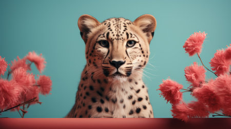 cheetah resting amidst vibrant flowers against an orange backdrop, showcasing a hyperrealistic composition. the dark pink and light azure hues create a captivating contrast, reminiscent of photorealistic still lifes. this uhd image captures enigmatic characters and minimalistic objects in a mesmerizing close-up. ai generatedの素材