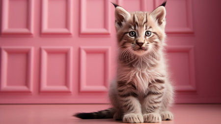 kitten sitting on a pink wall, showcasing hyper-realistic representation. this uhd image captures the bold color combinations of light brown and red, along with fawncore-inspired elements. the kitten's adorable presence is enhanced by the bold patterns and intertwining materials in the background. ai generatedの素材
