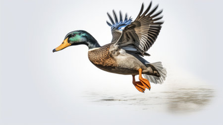 an adult mallard duck gracefully soars through the air, captured with the stunning clarity of a nikon d850 camera. this hyperrealistic animal portrait by david nordahl showcases the duck's vibrant colors of dark aquamarine and orange. the high-key lighting illuminates the scene, creating a captivating image that is both vivid and lifelike. ai generatedの素材