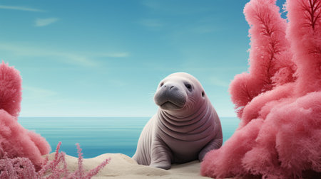 pink colored bushes surround the scene, featuring hyperrealistic marine life in a playful character design. the use of vray enhances the visual appeal, while the konica big mini captures the details of the characterized animals. the soft atmospheric perspective adds depth to the image, creating a wimmelbilder-like effect. ai generatedの素材