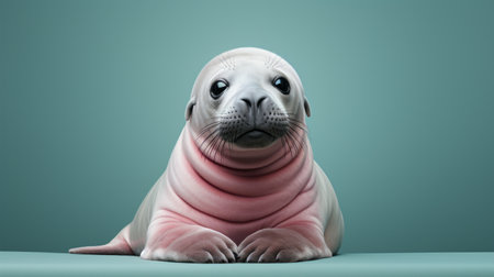 a baby seal, rendered in a blue color, sits gracefully against a matching blue background. created in the style of zbrush, this photographically detailed portrait showcases smooth curves and a combination of light gray and pink hues. the result is an eerily realistic depiction that can be found on platforms like sketchfab and flickr. ai generatedの素材