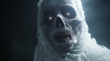 a white skeleton, rendered in cinema4d, stands in the dark with a strong facial expression. this hyper-realistic portraiture showcases the use of cryengine and digital art techniques. the skeleton is adorned with gossamer fabrics, adding an ethereal touch to the composition. the octane render enhances the overall visual impact of this captivating digital artwork. ai generatedの素材