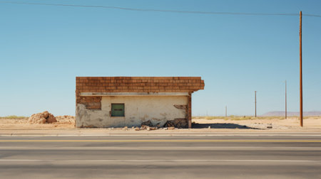 a decaying landscape in dark turquoise and light brown colors, this building stands on the road, showcasing the unique style of jamie hawkesworth's desertwave photography. melding mexican and american cultures, this snapshot of america is captured in stunning 8k resolution. ai generatedの素材