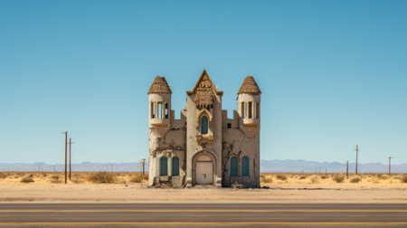 a castle stands prominently in the middle of the desert, showcasing the captivating blend of urban decay realism and fragmented advertising. this religious building, with its mesmerizing windows vista, exudes a southern gothic-inspired charm. the tumblewave surroundings add a touch of uniqueness to this iconic structure. ai generatedの素材