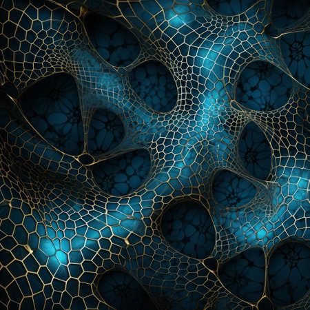 a photo featuring a blue background with gold colored lines, showcasing a net art-inspired style. the image depicts gothic illustrations and surreal organic forms resembling cellular formations. the highly detailed figures are adorned with dark turquoise hues, while naturalistic light and shadow add depth to the composition. ai generatedの素材