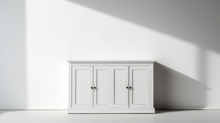 white side cabinet against a white wall, showcasing classic elegance in this 3d rendering. captured with fujifilm pro 400h, the gray tones add a touch of minimalistic symmetry. the unpolished authenticity of the scene exudes a traditional vibe, reminiscent of the works of michael sweerts. ai generatedの素材