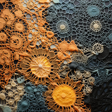 a black and orange painted paper floral design, inspired by the style of knitted and crocheted artwork, showcases a mechanized abstraction. the light yellow and dark indigo hues add depth to this conceptual installation art. the intricate texture, in shades of teal and beige, highlights the attention to detail in this captivating piece. ai generatedの素材